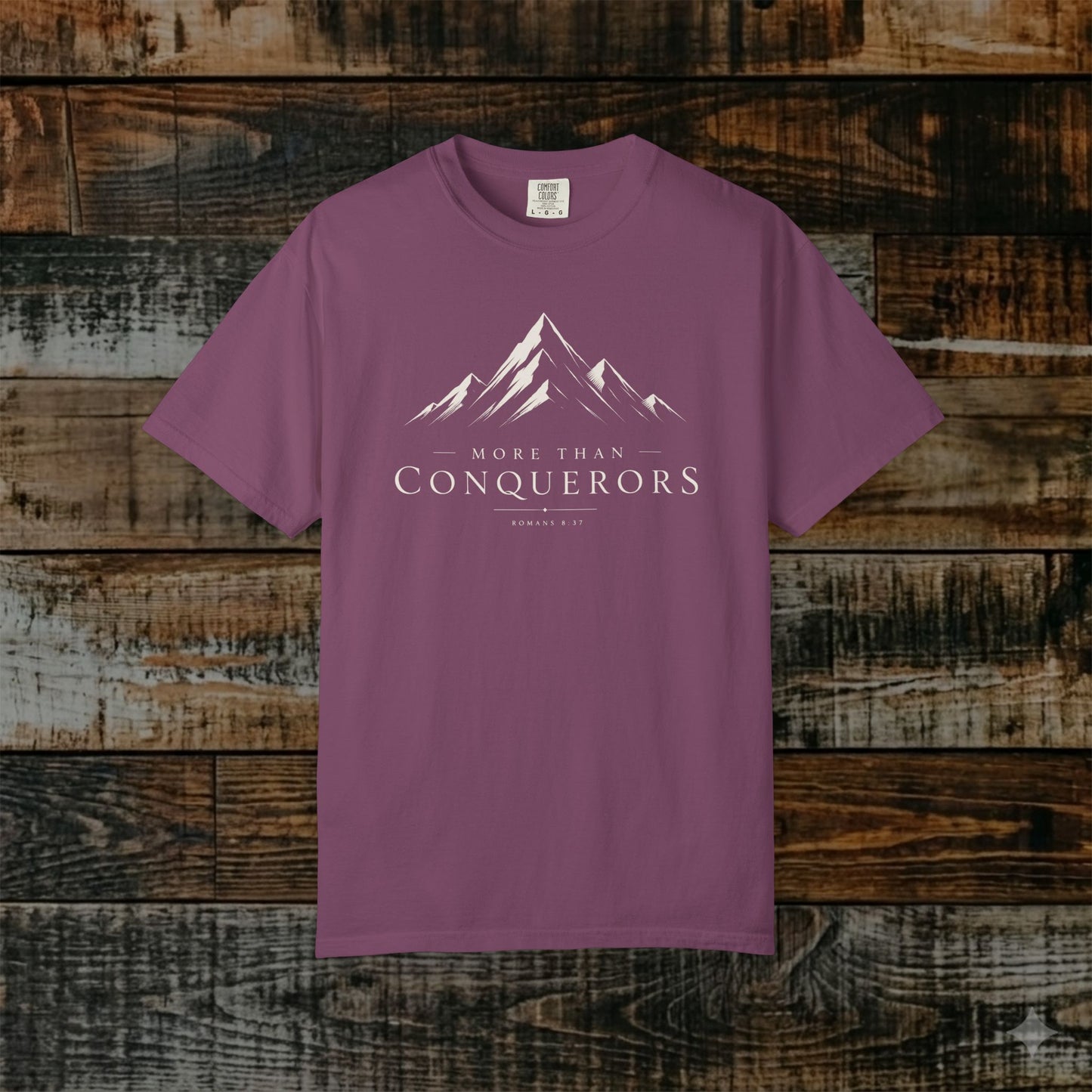 Illustrated Scripture Tee - Romans 8:37 - More than conquerors, Conquering Mountains Tee
