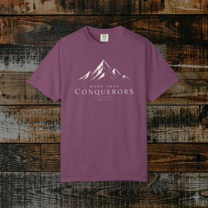 Illustrated Scripture Tee - Romans 8:37 - More than conquerors, Conquering Mountains Tee