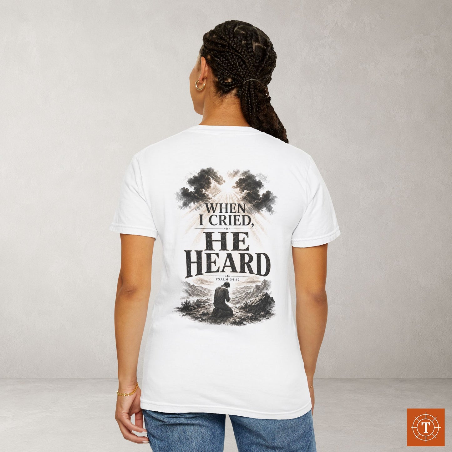 Illustrated Scripture Tee - Psalm 34:17 - He Heard