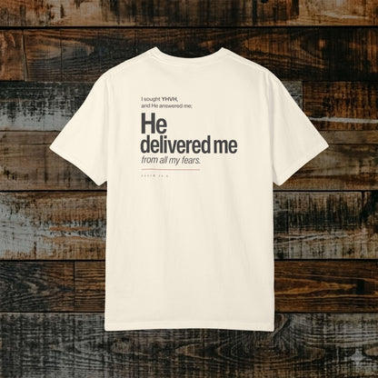 Psalm 34:4 Hebrew-Roots Scripture Tee - Full Verse - He delivered me from all my fears