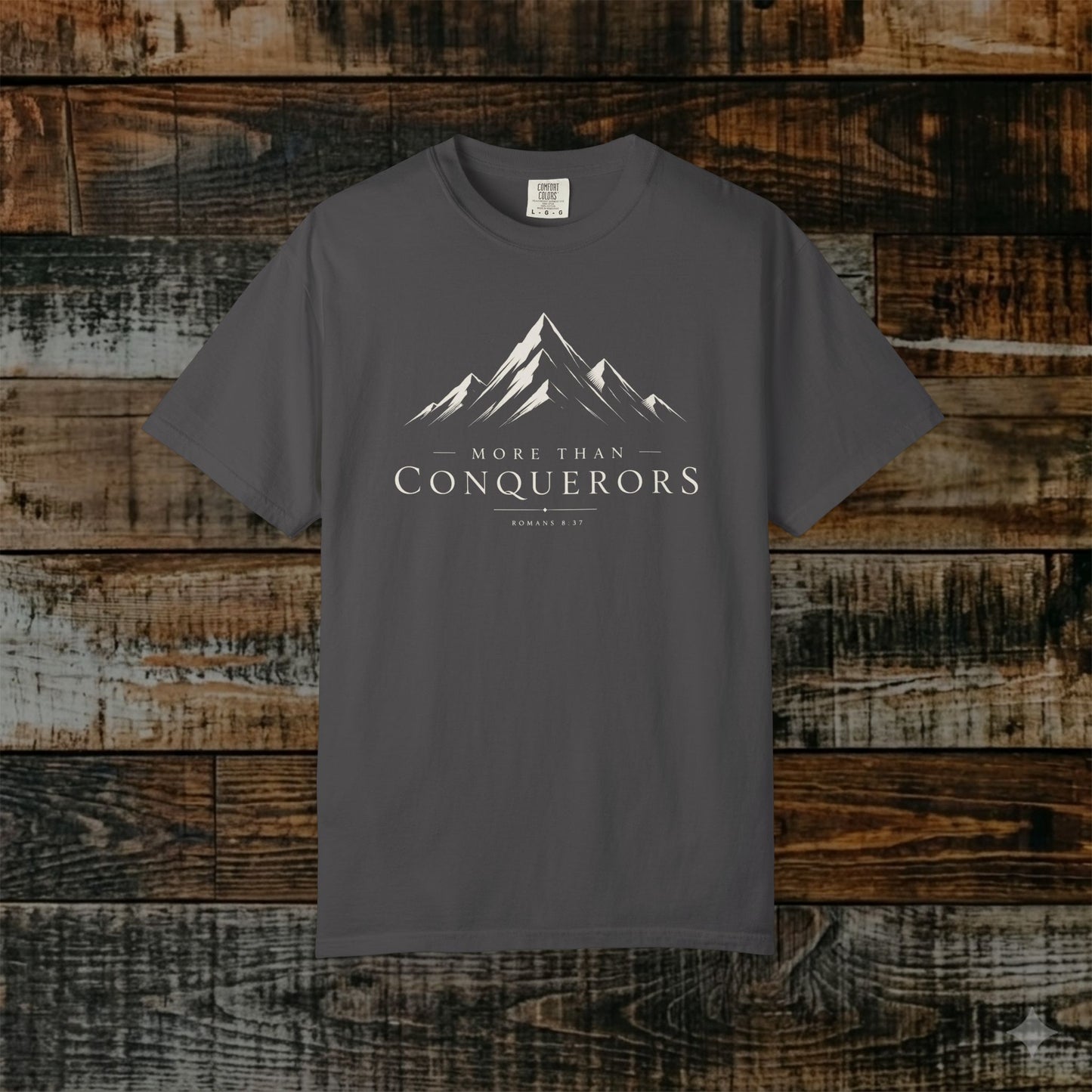 Illustrated Scripture Tee - Romans 8:37 - More than conquerors, Conquering Mountains Tee