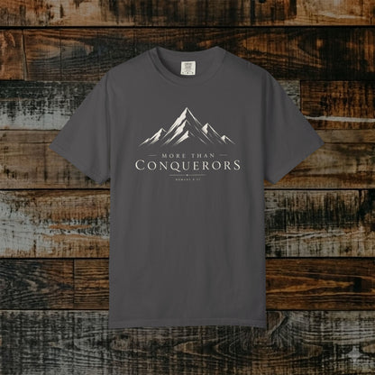 Illustrated Scripture Tee - Romans 8:37 - More than conquerors, Conquering Mountains Tee