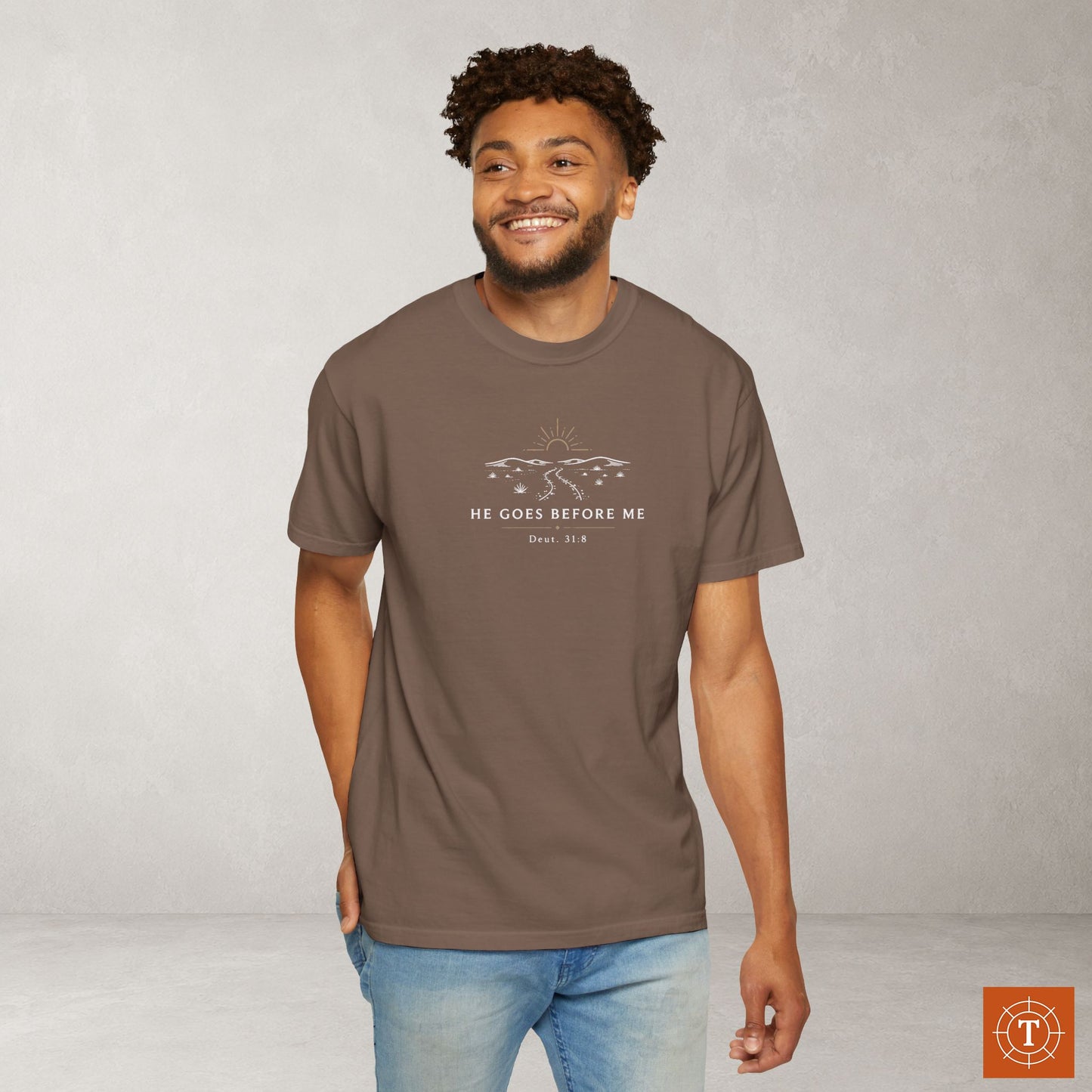 He Goes Before Me — Deuteronomy 31:8 Subtle Scripture Tee | Chest Print