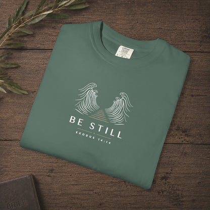 Be Still — Exodus 14:14 Subtle Scripture Tee | Chest Print