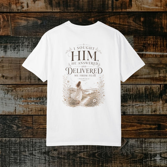 Illustrated Scripture Tee - Psalm 34:46 - I sought Him He answered (Feminine)