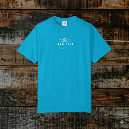 Held Fast — Hebrews 10:23 Subtle Scripture Tee | Chest Print