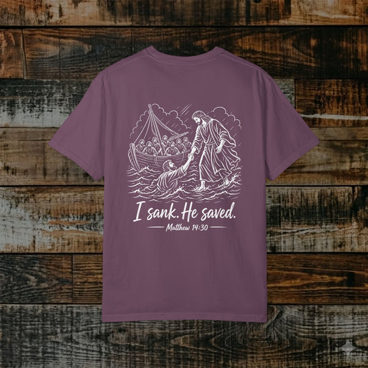 Illustrated Scripture Tee - Matthew 14:30 - He Saved