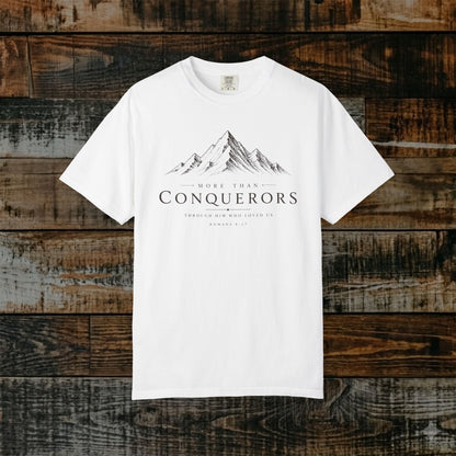 Illustrated Scripture Tee - Romans 8:37 - More than conquerors, Conquering Mountains Tee
