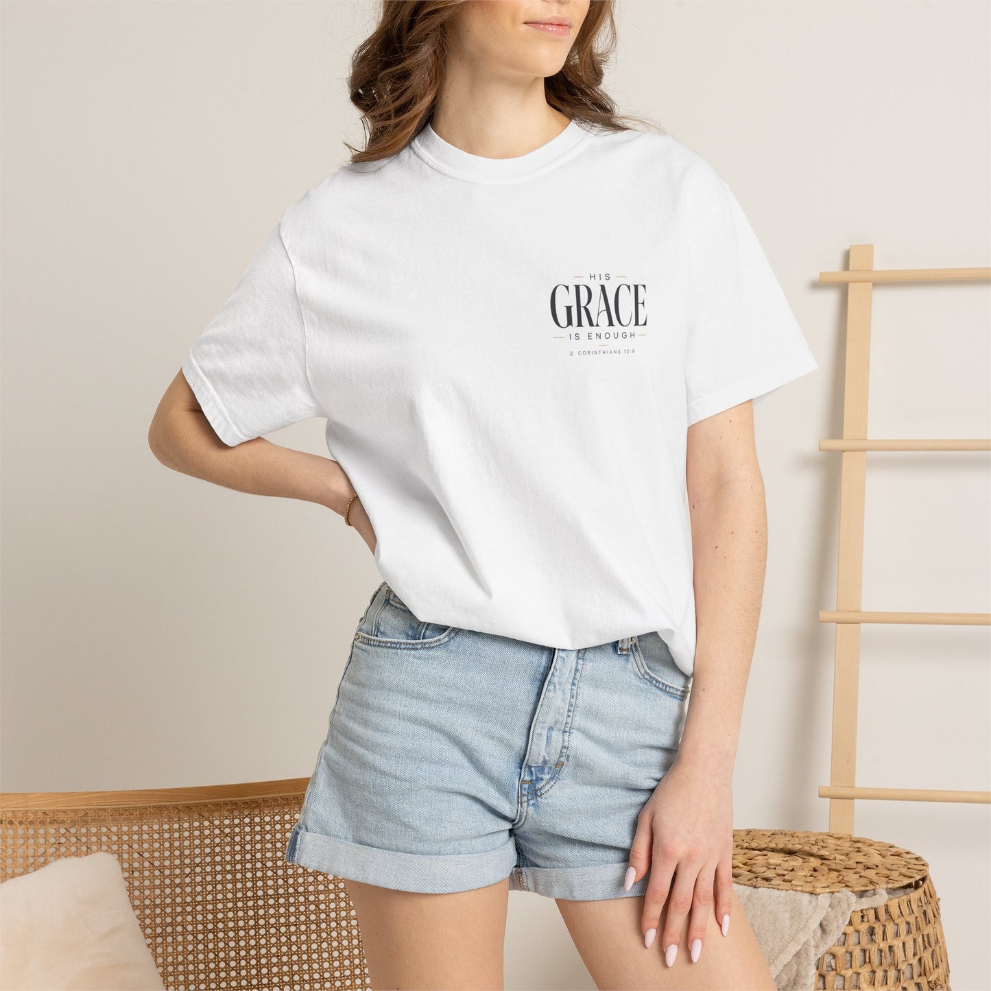 His Grace — 2 Corinthians 12:9 Subtle Scripture Tee | Chest Print