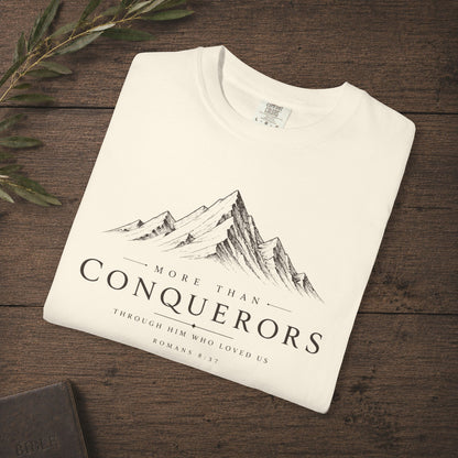 Illustrated Scripture Tee - Romans 8:37 - More than conquerors, Conquering Mountains Tee