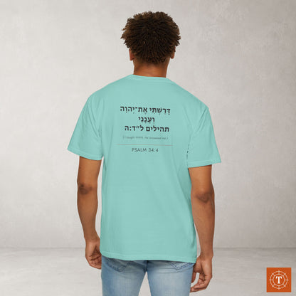 Original Language Scripture Tee: Psalm 34:4 — I sought YHVH and He answered me