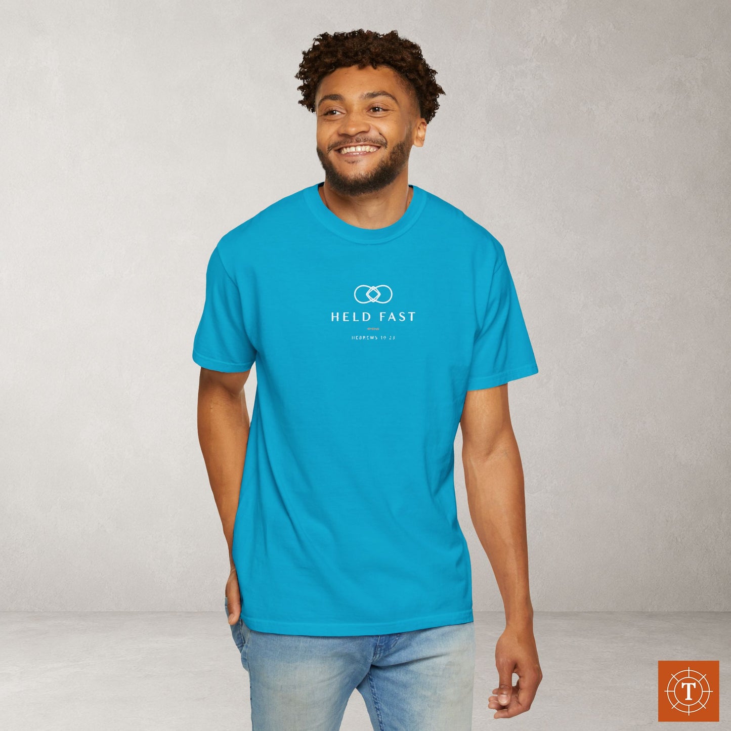 Held Fast — Hebrews 10:23 Subtle Scripture Tee | Chest Print