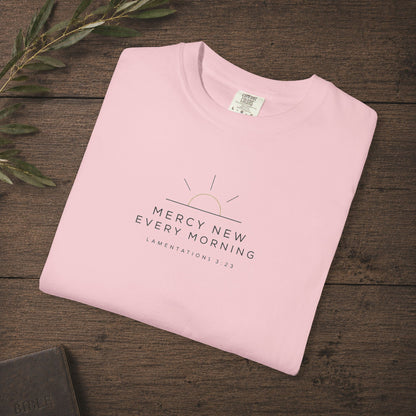 Mercy New Every Morning — Lamentations 3:23 Subtle Scripture Tee | Chest Print