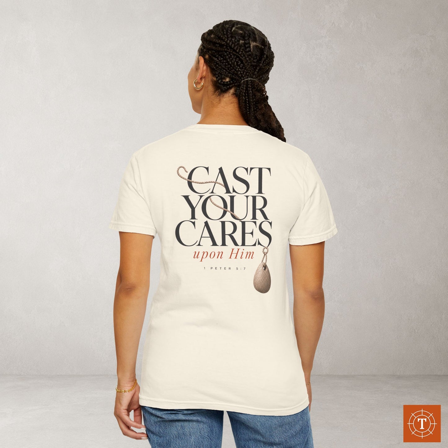 Illustrated Scripture Tee - 1 Peter 5:7 - Cast Your Cares Upon Him