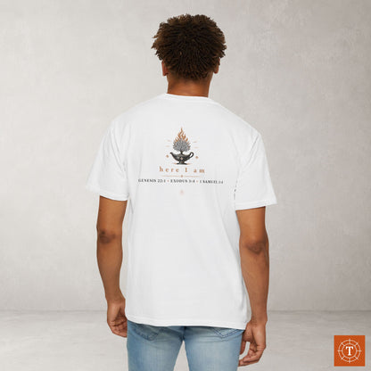 Hineni — Here I Am — Hebrew Scripture Tee | Burning Bush Front & Back Print