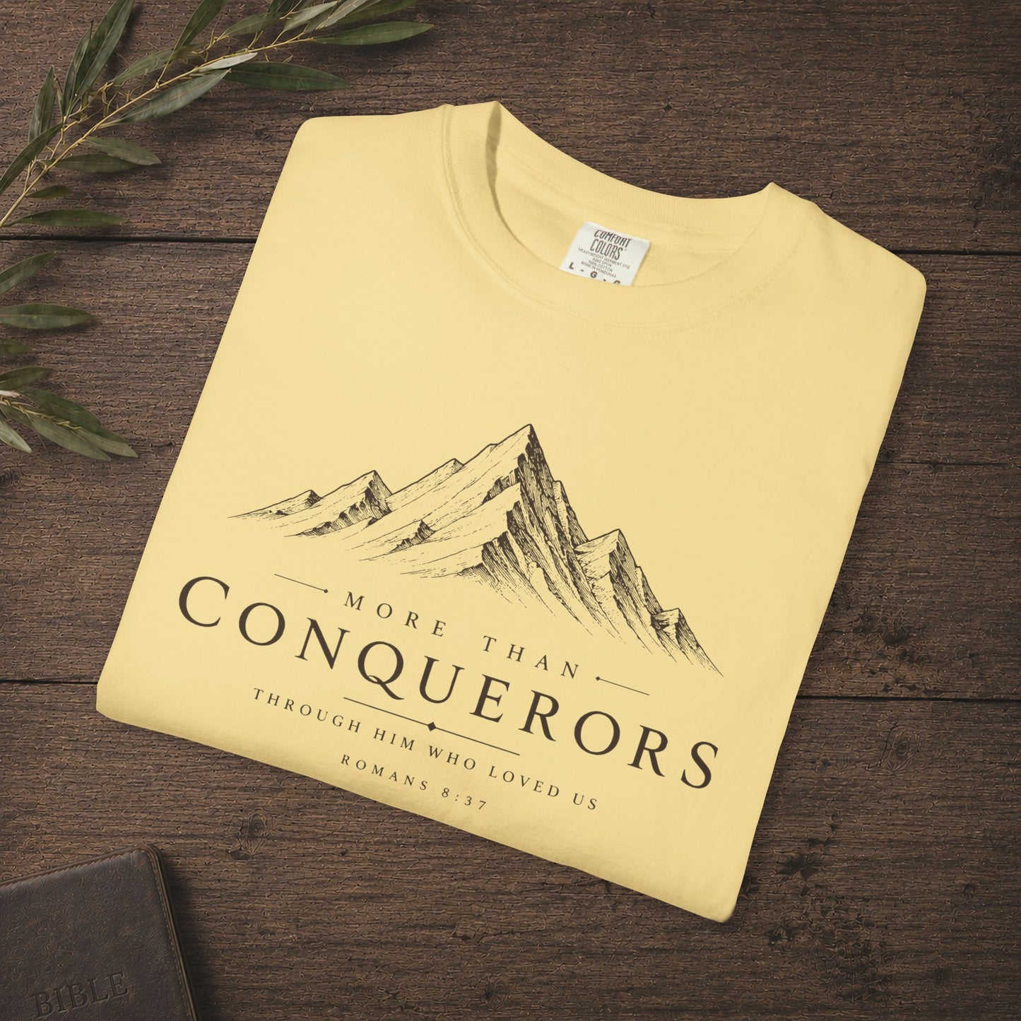 Illustrated Scripture Tee - Romans 8:37 - More than conquerors, Conquering Mountains Tee