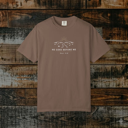 He Goes Before Me — Deuteronomy 31:8 Subtle Scripture Tee | Chest Print