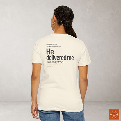 Psalm 34:4 Hebrew-Roots Scripture Tee - Full Verse - He delivered me from all my fears