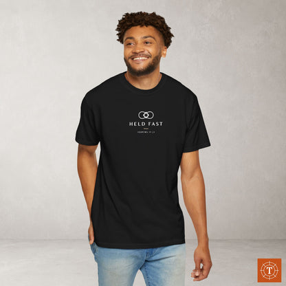 Held Fast — Hebrews 10:23 Subtle Scripture Tee | Chest Print