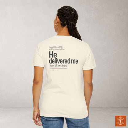 Psalm 34:4 Christian Scripture Tee - Full Verse - He delivered me from all my fears