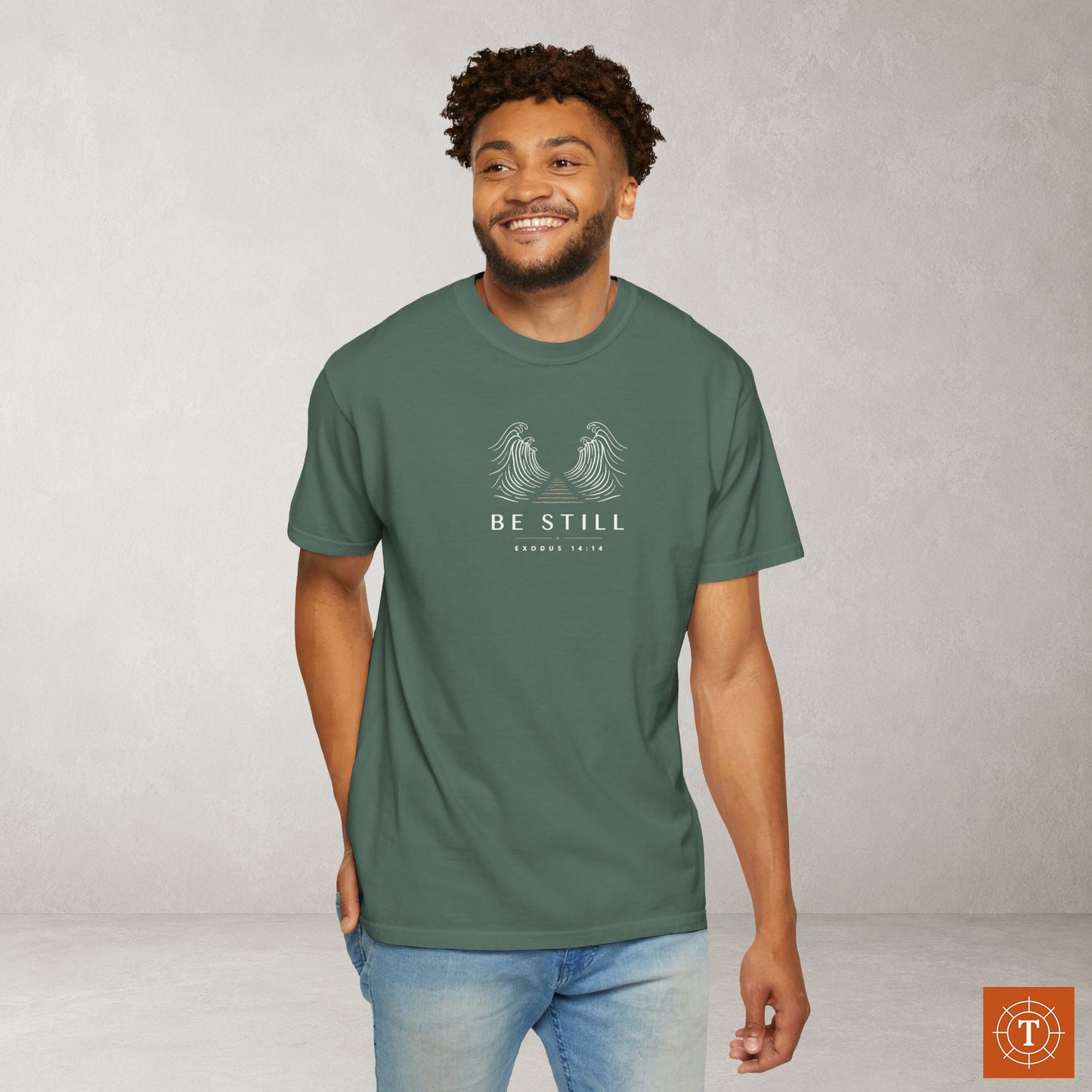 Be Still — Exodus 14:14 Subtle Scripture Tee | Chest Print