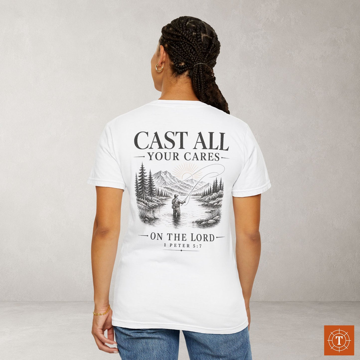 Illustrated Scripture Tee - 1 Peter 5:7 - Cast All Your Cares Upon Him