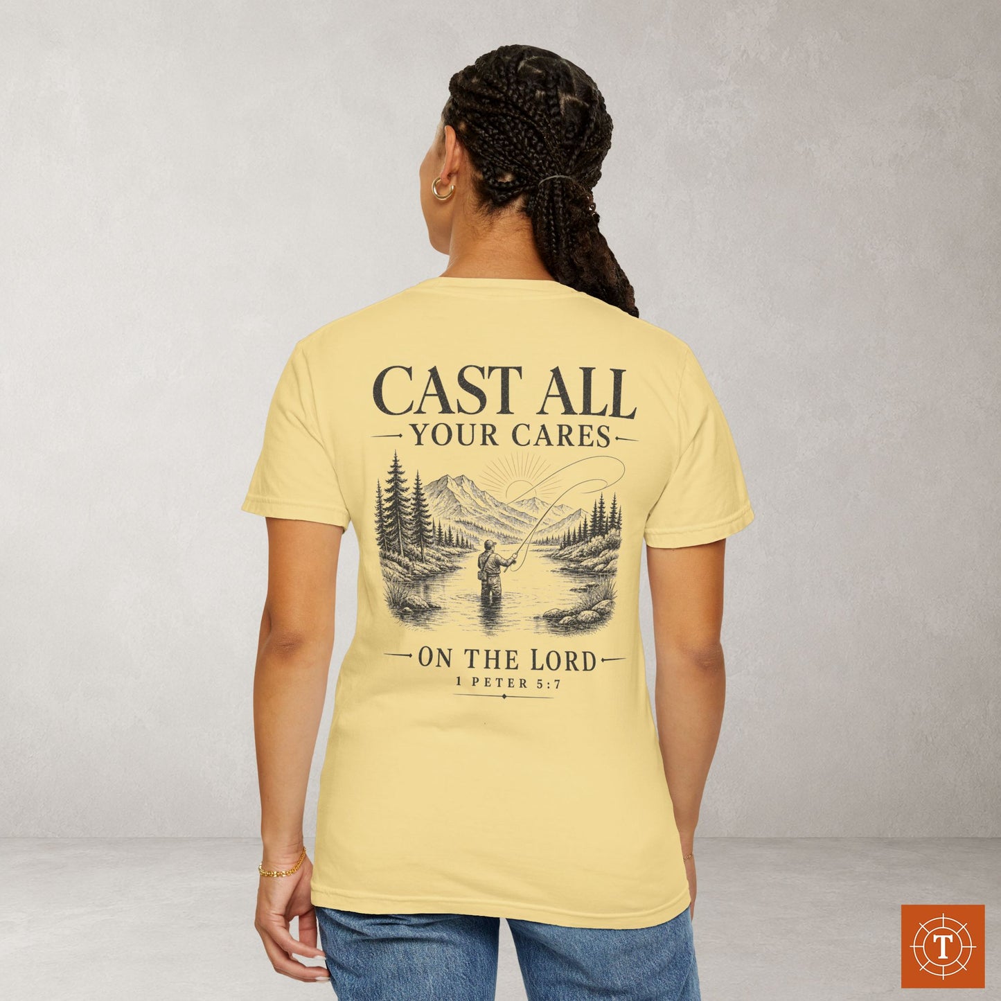 Illustrated Scripture Tee - 1 Peter 5:7 - Cast All Your Cares Upon Him