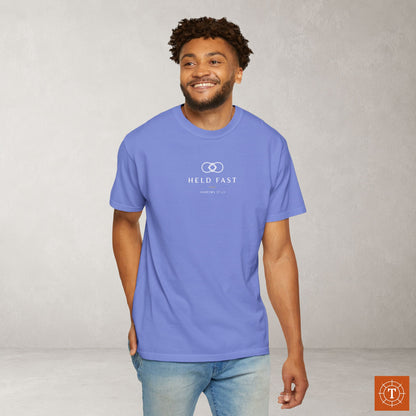 Held Fast — Hebrews 10:23 Subtle Scripture Tee | Chest Print