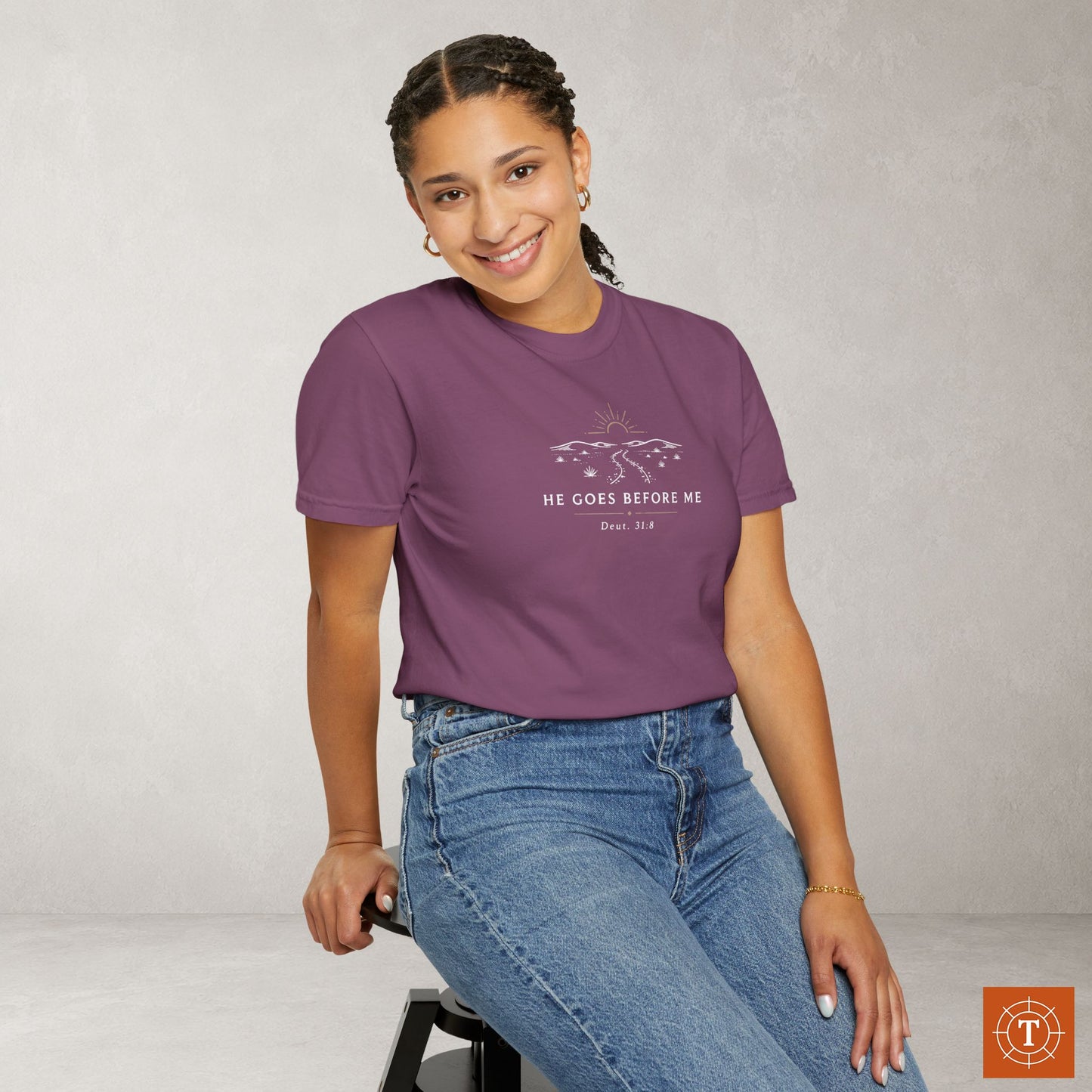 He Goes Before Me — Deuteronomy 31:8 Subtle Scripture Tee | Chest Print