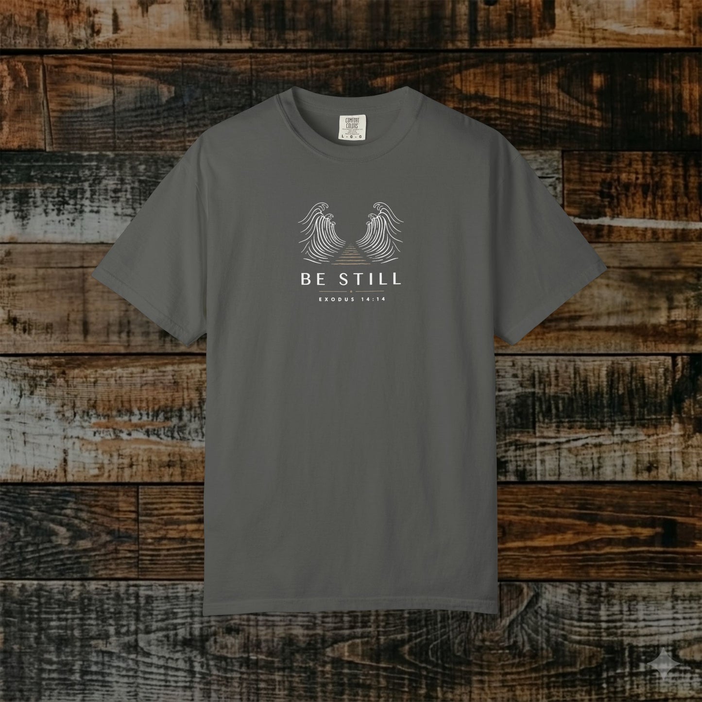 Be Still — Exodus 14:14 Subtle Scripture Tee | Chest Print