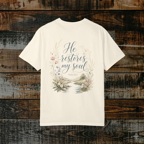 Illustrated Scripture Tee - Psalm 23.3 - Restores my soul