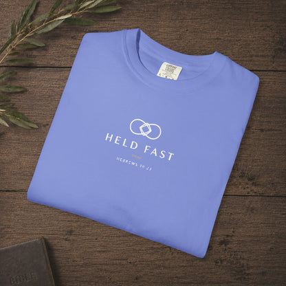 Held Fast — Hebrews 10:23 Subtle Scripture Tee | Chest Print