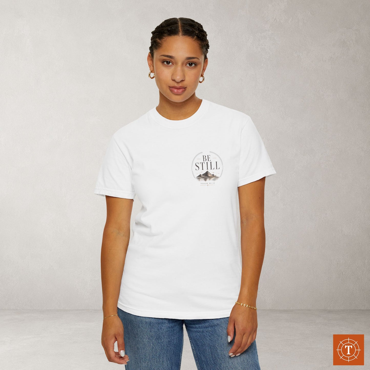 Be Still — Psalm 46:10 Subtle Scripture Tee | Chest Print