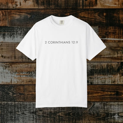 Aesthetic Christian Tee — 2 Corinthians 12:9 Modern Scripture Tee