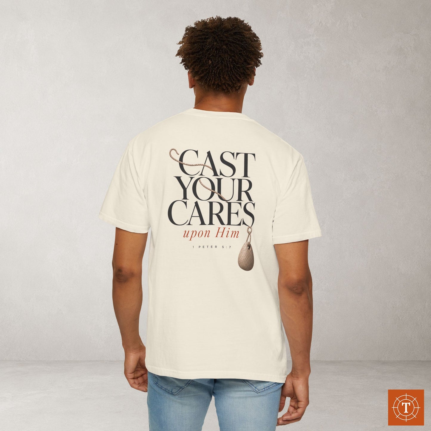 Illustrated Scripture Tee - 1 Peter 5:7 - Cast Your Cares Upon Him