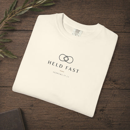 Held Fast — Hebrews 10:23 Subtle Scripture Tee | Chest Print