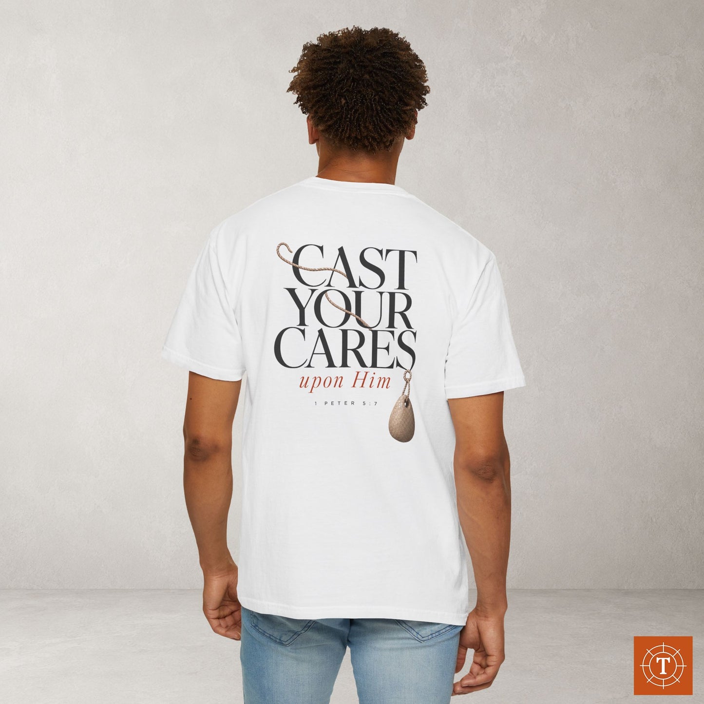 Illustrated Scripture Tee - 1 Peter 5:7 - Cast Your Cares Upon Him