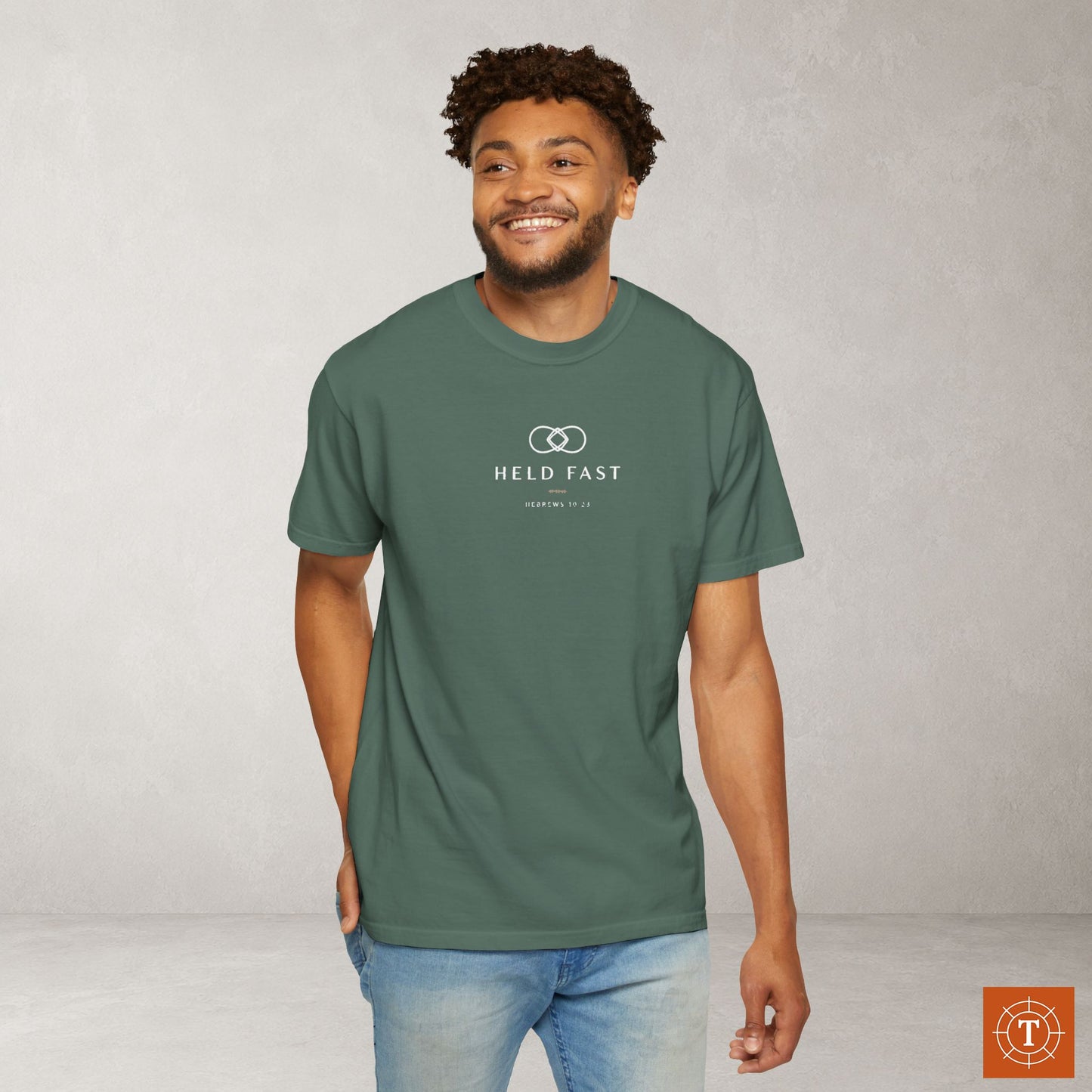 Held Fast — Hebrews 10:23 Subtle Scripture Tee | Chest Print