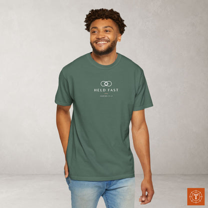 Held Fast — Hebrews 10:23 Subtle Scripture Tee | Chest Print