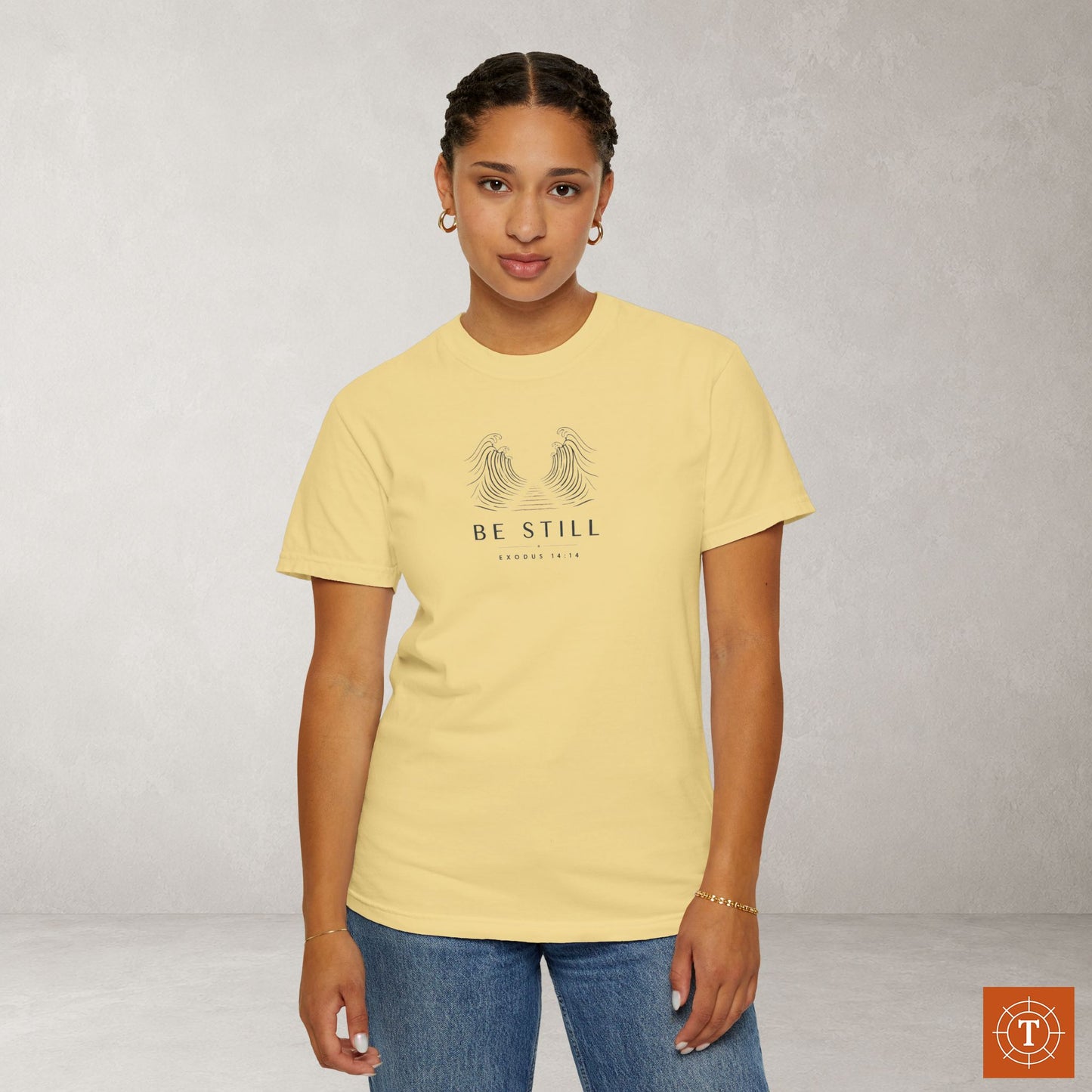 Be Still — Exodus 14:14 Subtle Scripture Tee | Chest Print