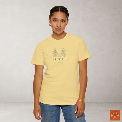 Be Still — Exodus 14:14 Subtle Scripture Tee | Chest Print