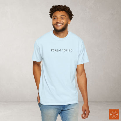 Aesthetic Christian Tee — Psalm 107:20 Modern Scripture Tee