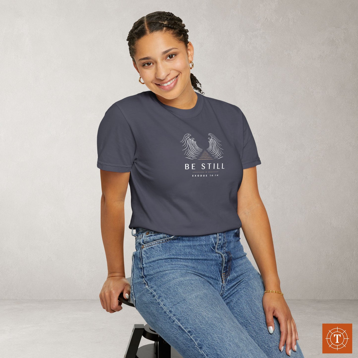 Be Still — Exodus 14:14 Subtle Scripture Tee | Chest Print