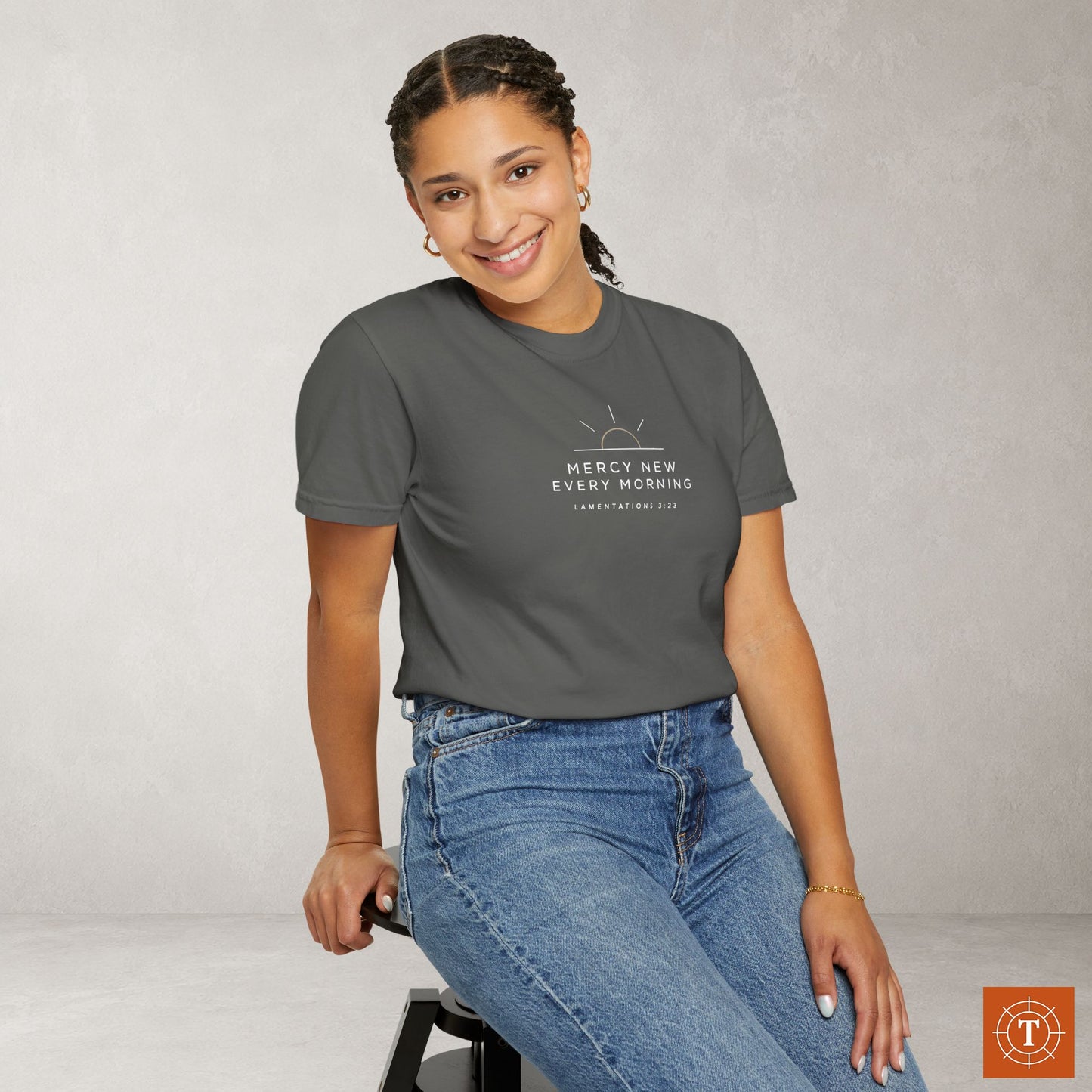 Mercy New Every Morning — Lamentations 3:23 Subtle Scripture Tee | Chest Print