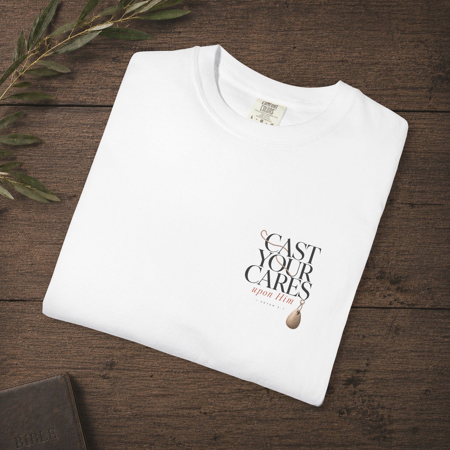 Cast Your Cares — 1 Peter 5:7 Subtle Scripture Tee | Chest Print