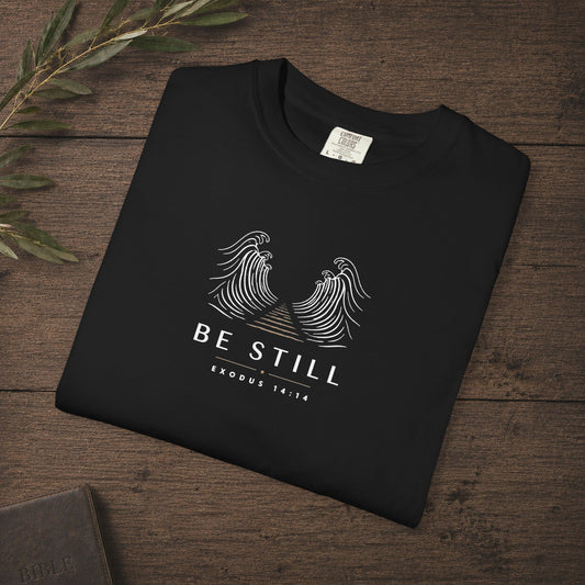 Be Still — Exodus 14:14 Subtle Scripture Tee | Chest Print