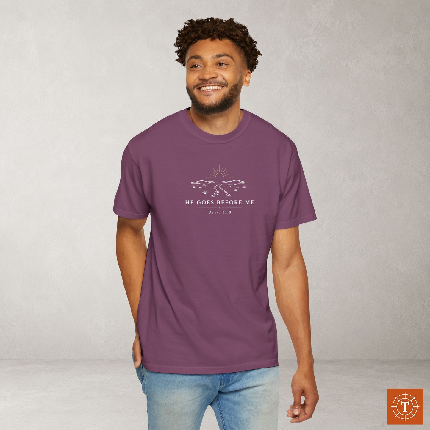 He Goes Before Me — Deuteronomy 31:8 Subtle Scripture Tee | Chest Print