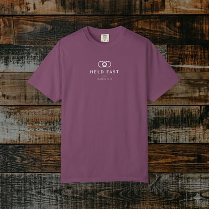 Held Fast — Hebrews 10:23 Subtle Scripture Tee | Chest Print
