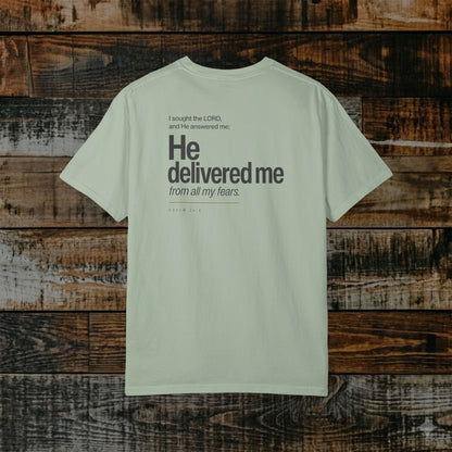 Psalm 34:4 Christian Scripture Tee - Full Verse - He delivered me from all my fears