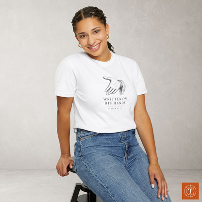 Written on His Hands — Isaiah 49:16 Subtle Scripture Tee | Chest Print